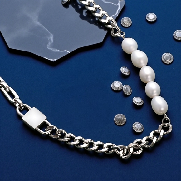 ποΈPadlock Freshwater Pearl 18K White Gold Plated Stainless Steel Necklace - Picture 12 of 15